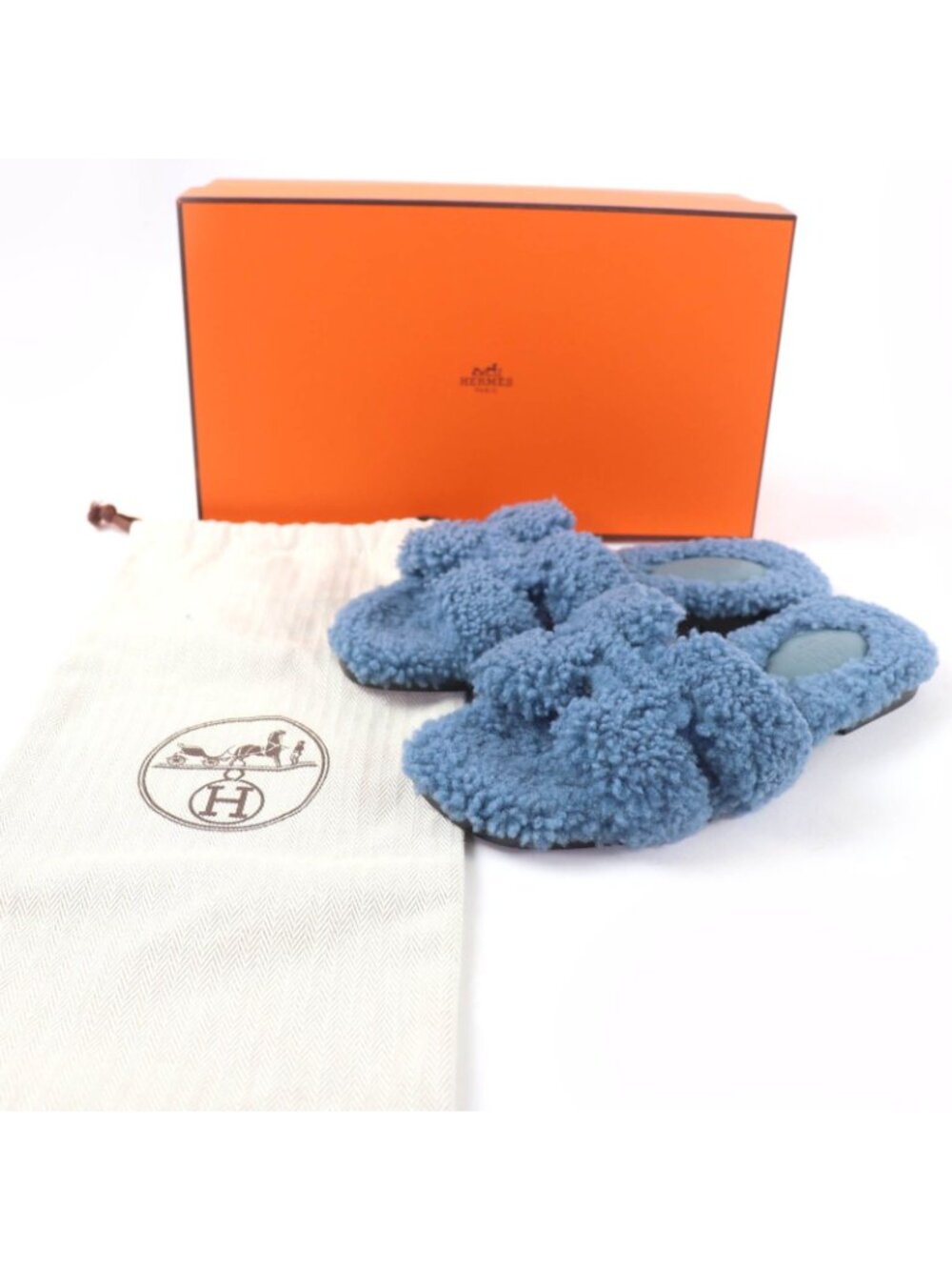 Hermes Oran Shearling Leather Mules Flat Sandals Blue - Picture 2 of 10